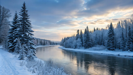 Obraz premium A tranquil winter river flows through frosted pine forests, reflecting golden sunlight at sunrise. Serene Winter River with Snow-Covered Pines and Golden Sunrise Reflection.