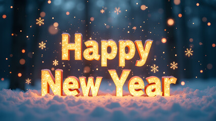 Happy New Year Celebration with Glowing Letters in Snow. Concept of Holiday, Greeting, and Festivity.