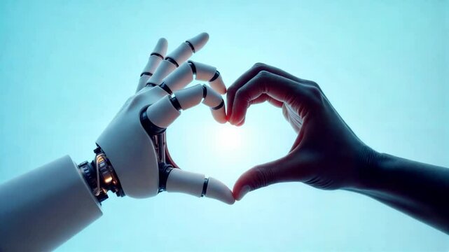 robotic hand and human hand forming a heart shape together against a glowing blue background. concept of technology, humanity, and unity