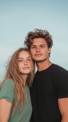 Fototapeta premium Young couple standing close together outdoors with a soft blue sky in the background. Portrait concept of love and togetherness