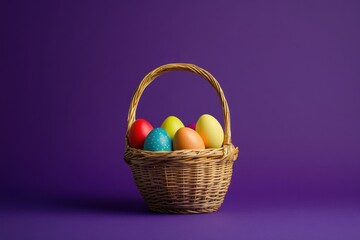 Colorful Easter Eggs in a Woven Basket Against a Vibrant Purple Background Ideal for Spring Celebrations, Festivities, and Seasonal Decor Photography