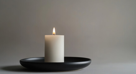A tall white candle stands upright in a sleek black dish, gently flickering as it casts a warm glow. The setting features a neutral background, creating a tranquil atmosphere ideal for relaxation.