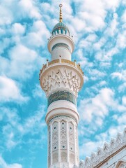 Obraz premium Minaret of Almuttaqin Mosque on the sky. Islamic background mosque. Mosque design in Islamic religious architectural traditions. Creative abstract photography. Ramadhan vibes