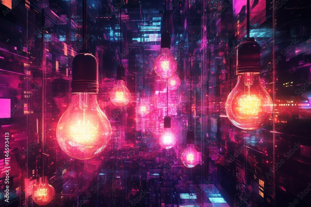 Poster vibrant abstract digital landscape featuring glowing light bulbs in a futuristic setting with bright