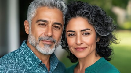 Mature Hispanic Couple Smiling at Family Gathering in Sunny Garden Setting Emphasizing Connection and Happiness in Natural Light with Greenery and Soft Focus For Lifestyle and Family Themes