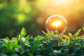Light Bulb Glowing Amidst Lush Green Foliage Symbolizing Innovation, Eco-Friendly Energy Solutions, and Sustainable Living in Nature's Embrace