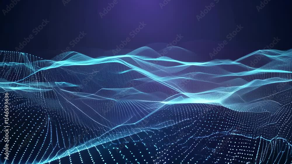 Poster visual representation of dynamic data waves created with vibrant blue colors and ethereal animations