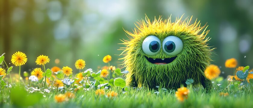 Weed character as lawn monster, dandelion and clover wreaking havoc, crabgrass infestation, vibrant garden scene, herbicide solution representation