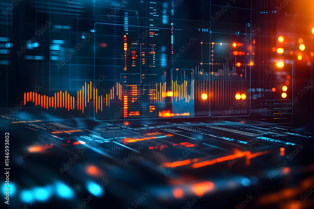 Poster dark-themed futuristic financial data analysis image with glowing line graphs and charts, blurred ba