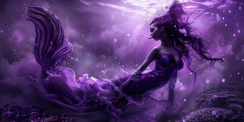 Digital Illustration of Purple Mermaid in Underwater Setting