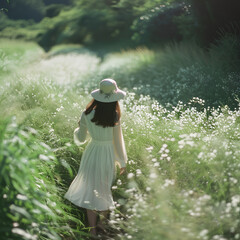 girl in white and a hat, holding a hair clip in her hand, is walking on a grassy path with green meadows all around. It is summer, in the style of Japanese photography