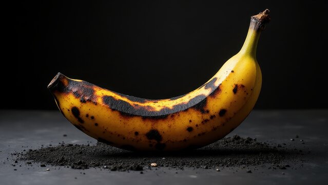 A photorealistic image of a platano macho with blackened, blistered peel, resting on a dark, ashy surface, caramelized fruit peeking through cracks, highlighted by dramatic lighting.