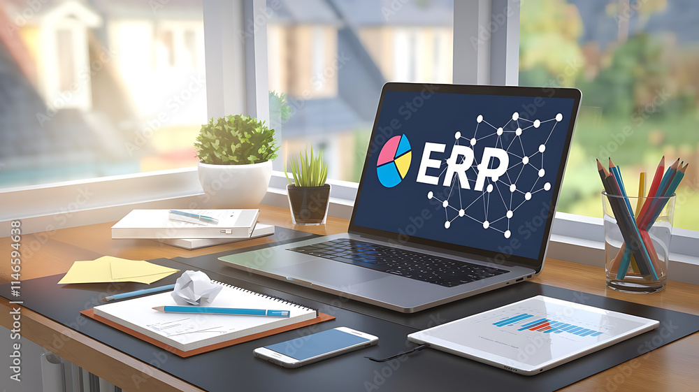 Poster erp:enterprise resource planning,streamlining business operations with technology, business manageme