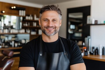 Fototapeta premium A friendly male barber, with a charismatic smile, stands in a vibrant grooming space, reflecting modern trends and professionalism with tools efficiently set up around him.