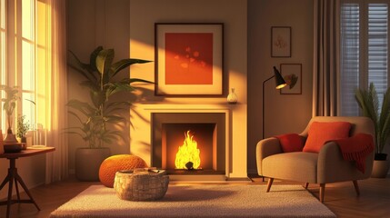 Fototapeta premium cozy living room with fireplace and sunset light