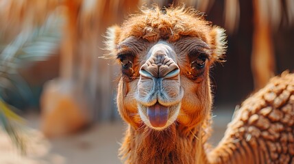 Fototapeta premium Funny Camel Close-Up,&nbsp;Images of Wildlife in the Desert with Their Tongue Out, Generative Ai.