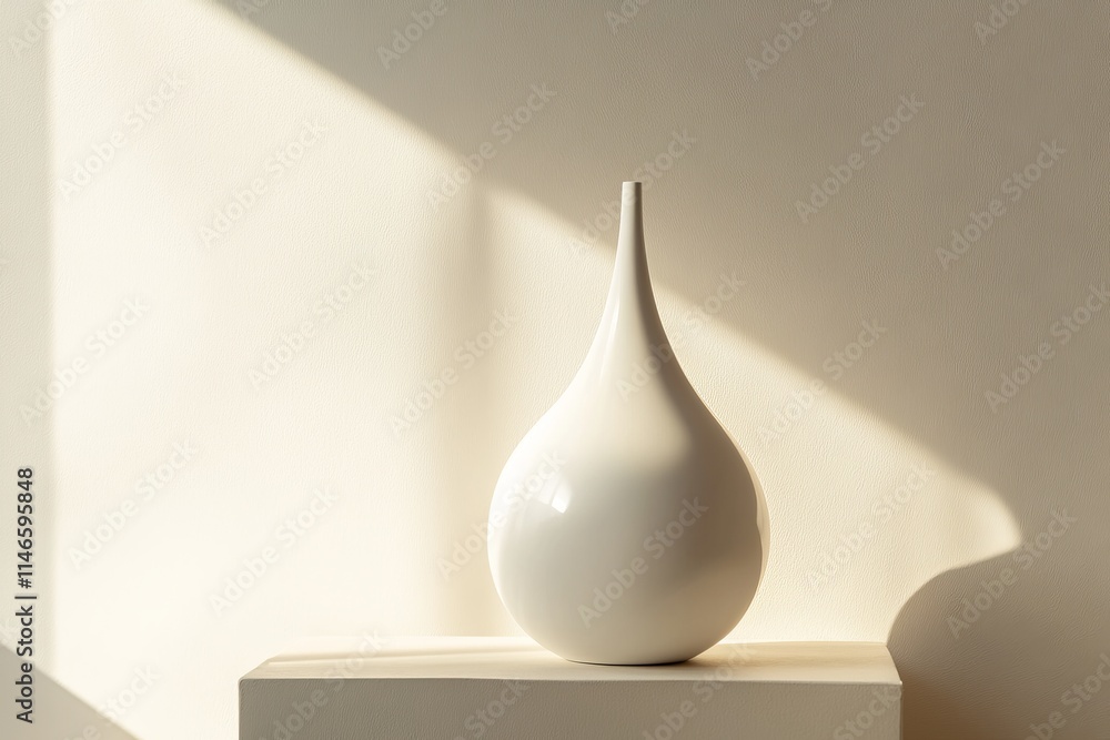Poster elegant white ceramic vase with a teardrop shape cast in soft light, displayed on a minimalistic ped
