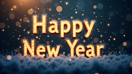 Happy New Year greeting with glowing letters, snow, and bokeh. Concept of celebration, new beginnings, and holidays.