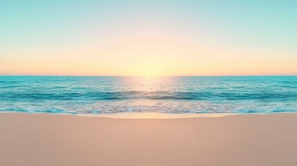 Serene sunset over tranquil ocean beach; soft, pastel colors.