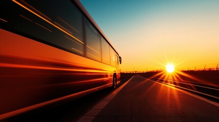A vibrant sunset casts a golden hue over a bus driving along a road, evoking a sense of freedom and adventure.