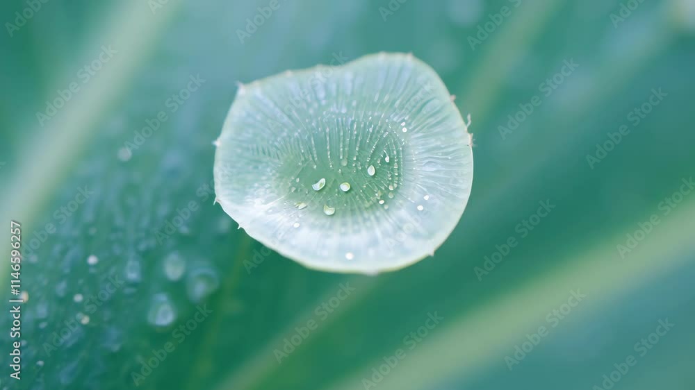 Poster Close-up of raindrops on a delicate leaf structure showcasing nature's intricate patterns and textures in a serene environment