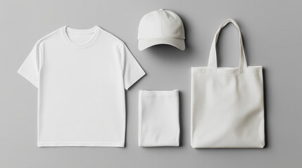 A white, blank fashion set featuring a T-shirt, cap, and tote bag, ideal for custom branding or design presentations, displayed on a grey background
