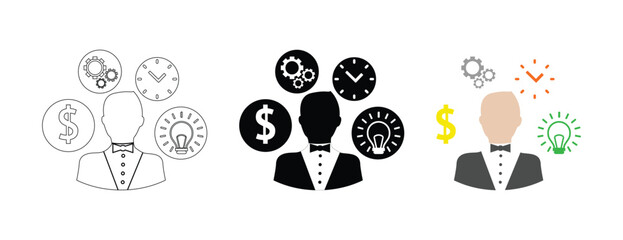 Idea icon set. Creative, business, solution, brainstorming, innovation. Creative business solutions related icon set. Creative idea flat line icon. Brain in lightbulb vector illustration.