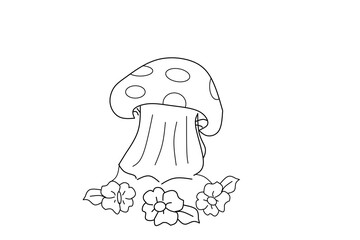 Simple black-and-white line art of a mushroom surrounded by flowers. Perfect for coloring pages, children's activities, educational materials, and nature-themed designs.