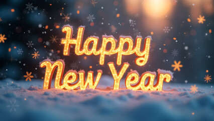 Happy New Year Celebration with Snowflakes and Glowing Text. Concept of New Year's Eve and Winter Holiday.