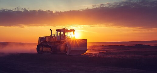 A bulldozer working at sunset, creating dust in an open landscape.