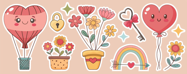 Set of cute stickers hearts, balloon, flowers, rainbow. Stationery, holidays, spring, Valentine's day. Vector graphics.