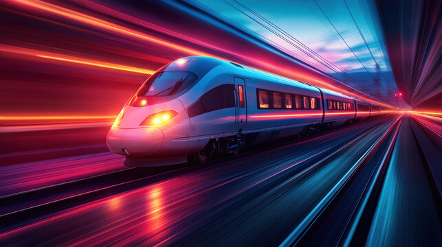 High-speed train speeding through a vibrant tunnel at night.