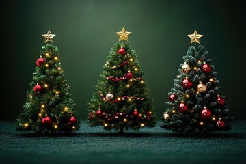 Festive christmas trees decorated with ornaments and lights