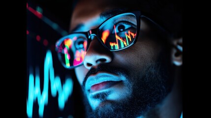 A close-up of a man wearing glasses, reflecting colorful data visuals, embodying technology and finance themes.