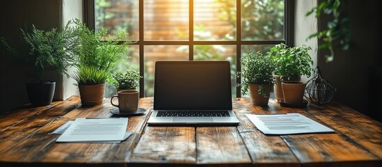 Fototapeta premium Laptop, documents, coffee, plants on rustic wooden desk by window.
