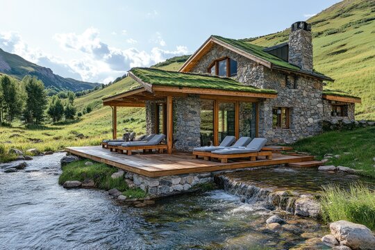 Luxurious mountain cabin with green roof relaxing near river and forest