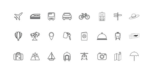 Tour and travel outline icon set vector illustration. Tour and travel icon set. Tourism vector icon. Traveling and transport icons for Web and Mobile App