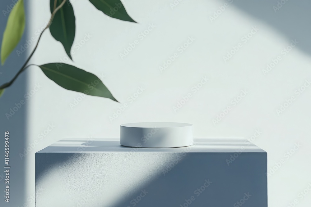 Aufkleber minimalistic display of a circular white object on a geometric pedestal surrounded by natural light 