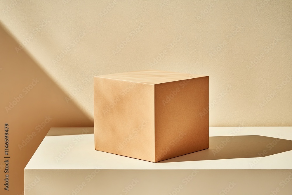 Poster minimalistic light brown cube on a soft neutral background with subtle shadow play evoking a sense o