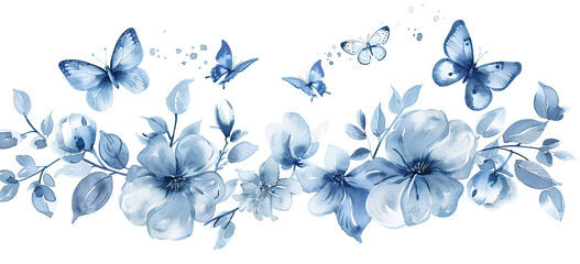 Obraz premium Watercolor featuring light blue and white leaves and butterflies on a white background