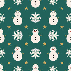 Cute snowman and snowflake with golden star on green background. Seamless pattern for wrapping paper, packaging on Christmas.