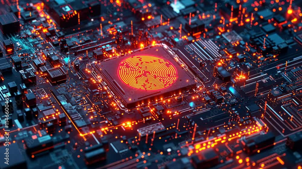 Poster intricate circuit board design illuminated with vibrant orange patterns and glowing components in a 