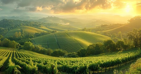 Fototapeta premium harvesting a green field with rows of vines. Ripe grapes for making high-quality wines and landscape, Generative Ai.