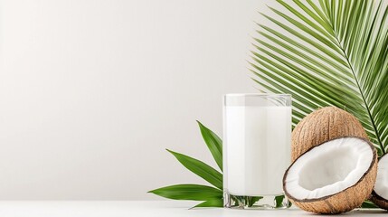 Glass of coconut milk with coconuts and palm leaves on white background.