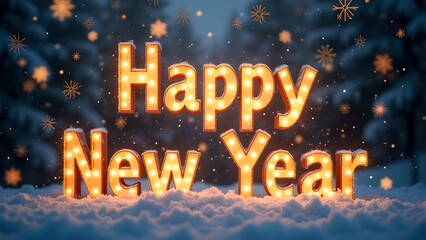 Happy New Year illuminated sign in a snowy landscape. Concept of celebration, new beginnings, and winter holidays.