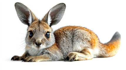 Fototapeta premium Adorable red kangaroo joey lying down on white background.