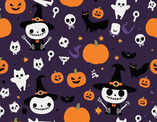 Cartoon Halloween characters with spooky vibes, witch skeleton vampire cat pumpkins, festive banner