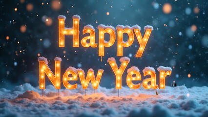 Happy New Year Celebration with Glowing Letters and Snow. Concept of Holiday, Festivity, and Beginning.