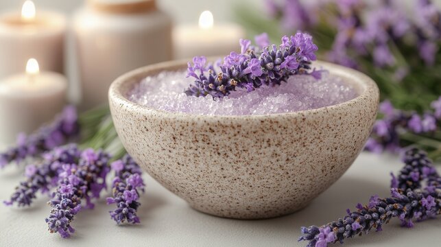 A serene arrangement of lavender bath salts in a bowl, surrounded by candles and flowers.