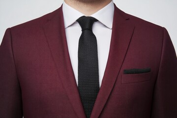 Elegant close-up of a well-dressed man showcasing a stylish maroon suit and a classic black tie, perfect for formal occasions, business events, or professional attire.